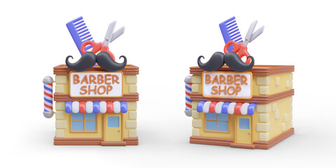 Vector barber shop building with decorative sign. Realistic object in different positions. Set of isolated images on white background. Color template for website design, application