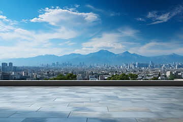 Floor roof space and blue sky with cityscape and mountains view in background