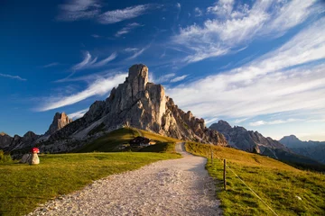 Fototapete Dolomiten View of Ra Gusela mountain with green meadows and blue sky, Dolomites, Italy
