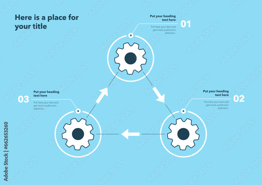 Poster Gear process infographic with three steps - blue version. SImple chart design for workflow layout, diagram, banner, web design.