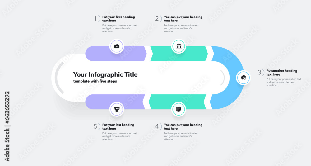 Poster Infographic progress diagram with five steps with numbers and minimalistic icons. Can be used for your website or presentation.