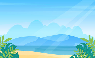 flat summer beach background with mountain