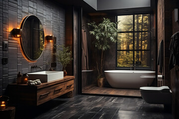 Interior of a modern bathroom public with dark wooden walls and tiled floor