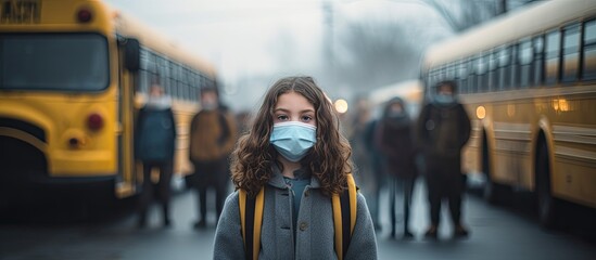 Girl with worried expression wears mask on school bus for pandemic safety With copyspace for text