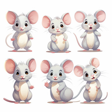 Cute gray mouse cartoon collection on white background. Vector illustration.