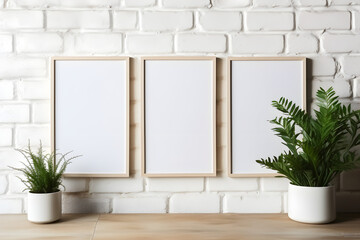 Poster mockup with vertical frame in home interior japandi style background, no text, white poster. Generative AI