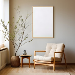 Poster mockup with vertical frame in home interior japandi style background, no text, white poster. Generative AI