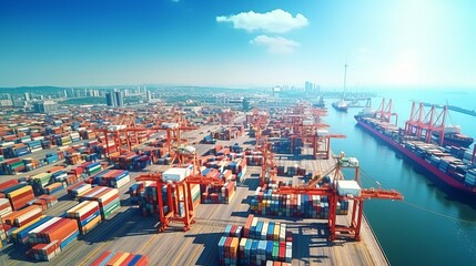A bustling harbor filled with towering shipping containers - obrazy, fototapety, plakaty