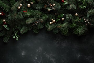 Fototapeta na wymiar Background of green dark texture spruce christmas tree branches with cones