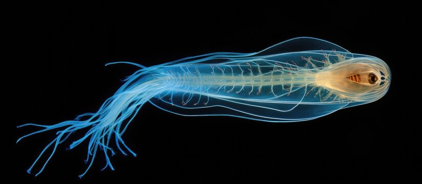 Bioluminescent marine plankton Pyrocystis noctiluca viewed at 400x magnification with selective focus using lugol s iodine dye With copyspace for text