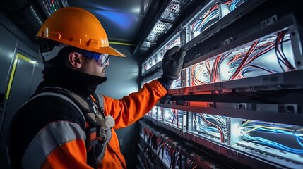 A man wearing safety gear working on a server in a data center
