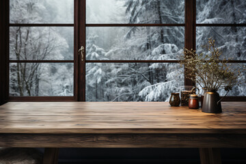 Empty wooden table sits before a window showcasing a snow covered forest