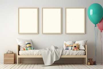 Mock up posters in child room interior, posters on empty cream color wall background, no text, white poster. Generative AI