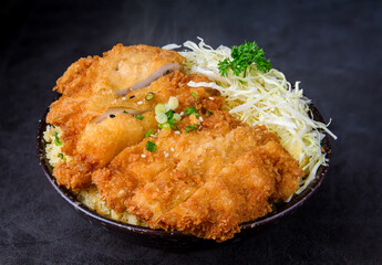 Crispy Katsu chicken with sauce, rice and cabbage