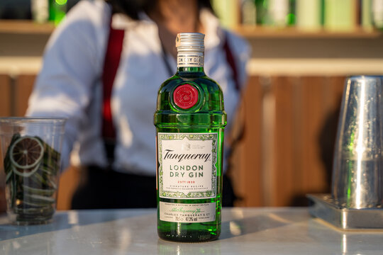 Bottle of Tanqueray London Dry Gin. Ankara, Turkey - September 24, 2023.