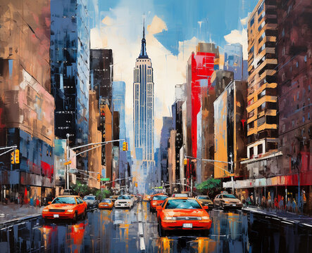 New York City, in the impasto painting style, cheerful colors, light navy and red. ideal for decoration of travel agency, hotels. vacation, destination concept. horizontal composition