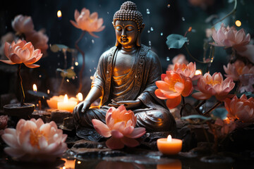 Buddha statue in floral environment in lotus pose - obrazy, fototapety, plakaty