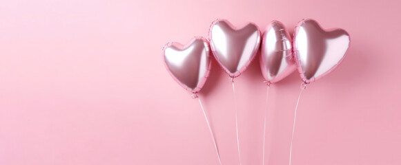 Four pink heart-shaped balloons in front of a pink wall with plenty of negative space as copy space.