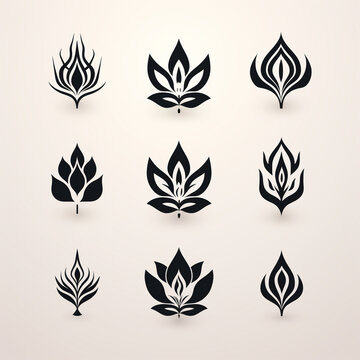 Lotus flower icon set in black and white colors. Vector illustration.