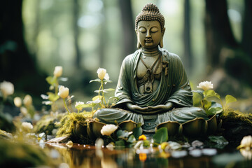 Buddha statue in forest environment in lotus pose - obrazy, fototapety, plakaty