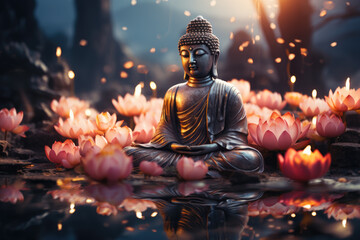 Buddha statue in floral environment in lotus pose