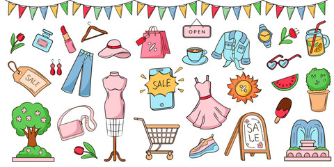 Summer Sale. City shopping. Shopping mall. Colorful doodle set of elements. Clothing, shoes, perfume, jewelry, accessories.