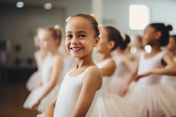 Group of happy smiling girls on ballet class, dancing and rehearsing choreographed dance routine