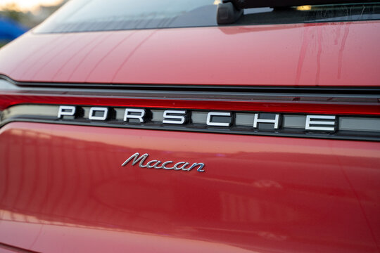 Porsche Macan close up logo. Ankara, Turkey - September 24, 2023.