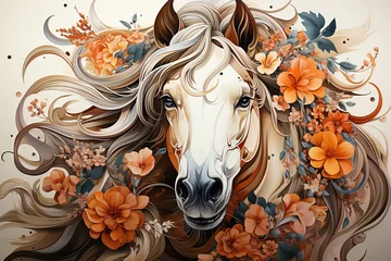 Foto op Plexiglas Horse with Floral Details Acrylic Painting © Man888