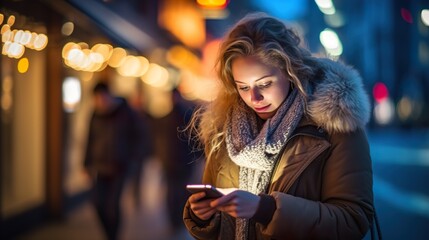 Fototapeta na wymiar Blonde Woman Texting on Smartphone in Busy City Night