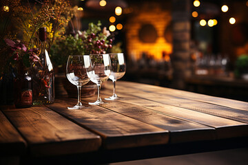 Empty wooden table. Blurred wine cellar in the background. Winery and beverage concept