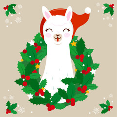 Christmas holy berry wreath with cute llama. Vector Illustration
