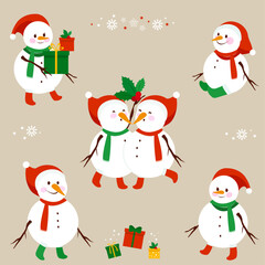 Cute snowmen with Christmas gifts and holy berry. Vector Illustration set