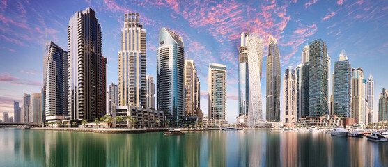 Luxury Dubai Marina canal and promenade in beautiful summer day,Dubai,United Arab Emirates