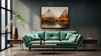 Dark green sofa and grey pouf against white wall with big art poster frame. Scandinavian home interior design of modern living room.