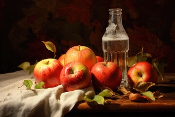 Bottle of Cider with apple on wooden table