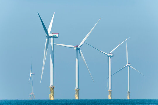 Miaoli, Taiwan- September 14, 2023: View of the Offshore wind power systems off the western coast of Taiwan.