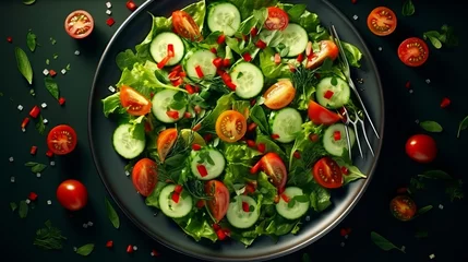 Fotobehang A fresh and colorful cucumber and tomato salad served with a fork on a plate © mattegg