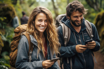 Happy couple hiking in forest, looking to the cell phone  searching for location where to go next