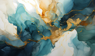 abstract watercolor painting with green, blue and gold