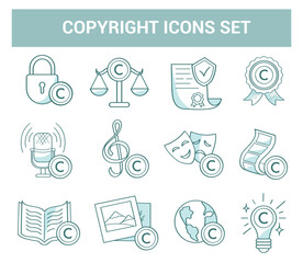 Copyright icons set.  Icons for works of art, literature, cinema, music, podcasts. The law protects intellectual property.
