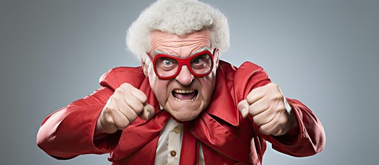 Bold elderly superhero clenching fists With copyspace for text
