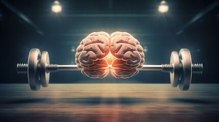 A barbell with brain images, symbolizing the connection between physical and mental strength - obrazy, fototapety, plakaty