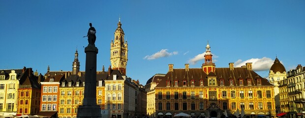 Flemish style, goddess column, old stock exchange and Lille's Belfry at world cup rugby period  - obrazy, fototapety, plakaty