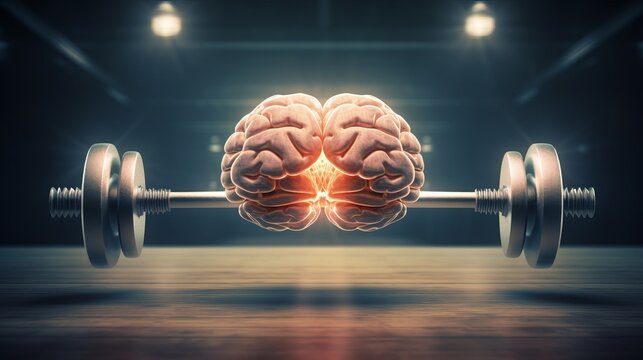A barbell with brain images, symbolizing the connection between physical and mental strength