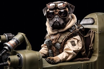 Healthy Dog pug breed purebred wearing military uniform. Generative AI