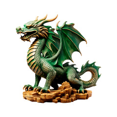 Green wooden dragon statue. Isolated on transparent background 