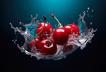 Cherries splashing in water on a dark background