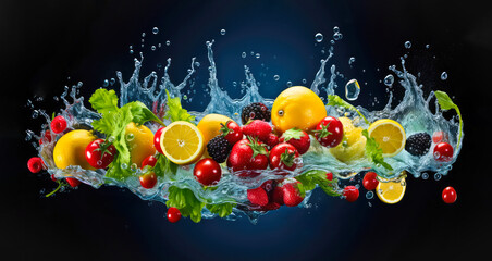 Variety of fruits and vegetables falling into water on dark blue background