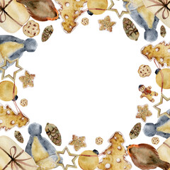 Hand drawn watercolor illustration. Knitted woolen hat, craft gift box, homemade cookies, gingerbread, robin bird, Christmas ornament bauble. Frame isolated on white. For shop logo, print, paper, card